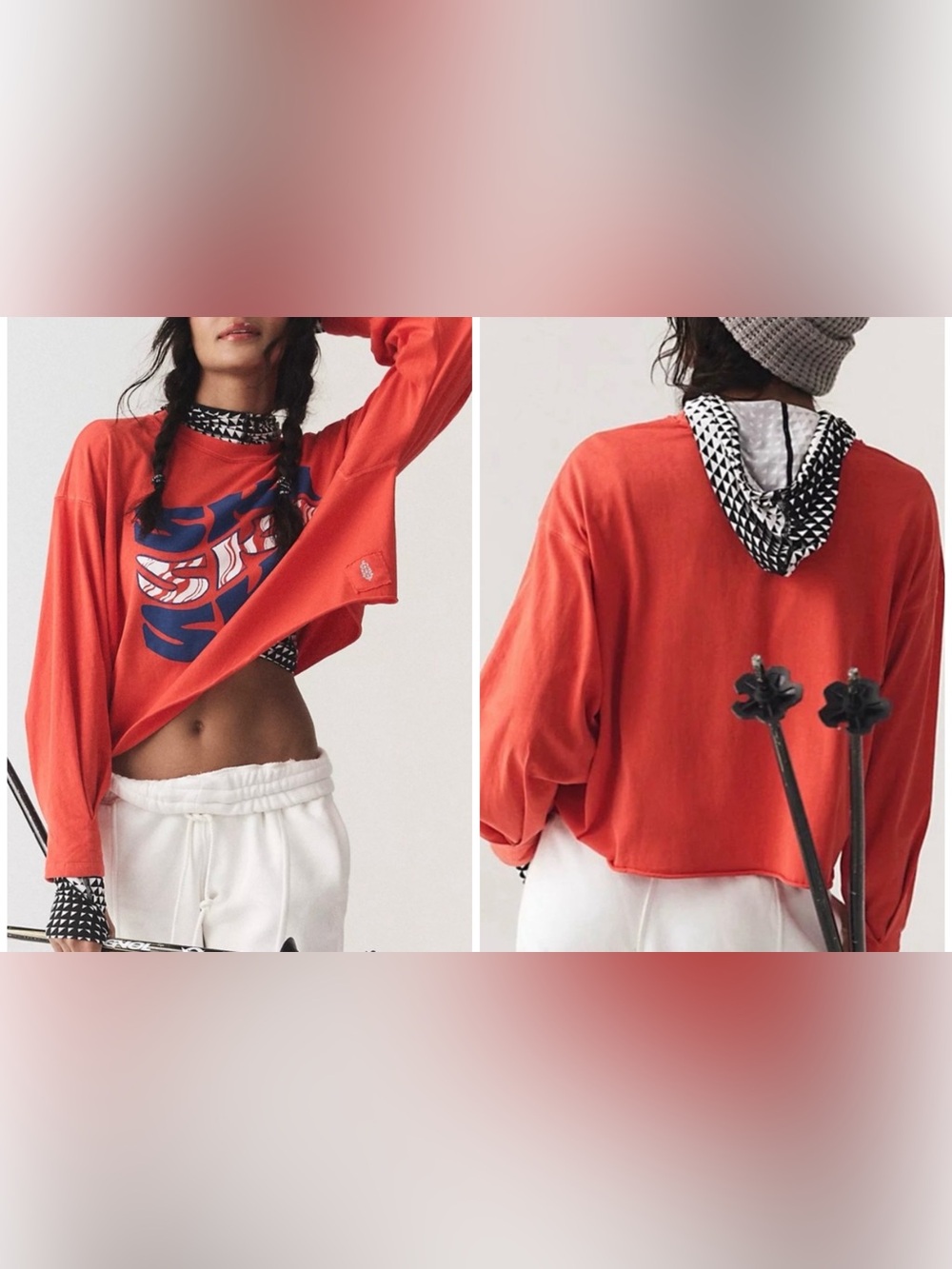 Free People Cropped Long Sleeve Tee in Bright Orange with Navy Graphic